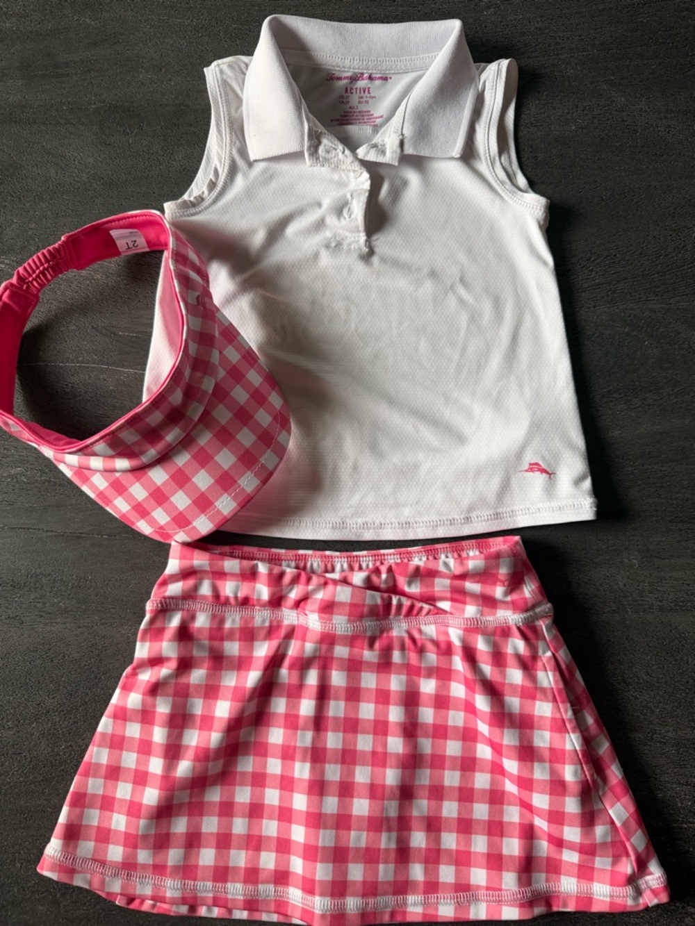 Tommy Bahama Kids White Sleeveless Polo Top with Pink Gingham Skort & Visor